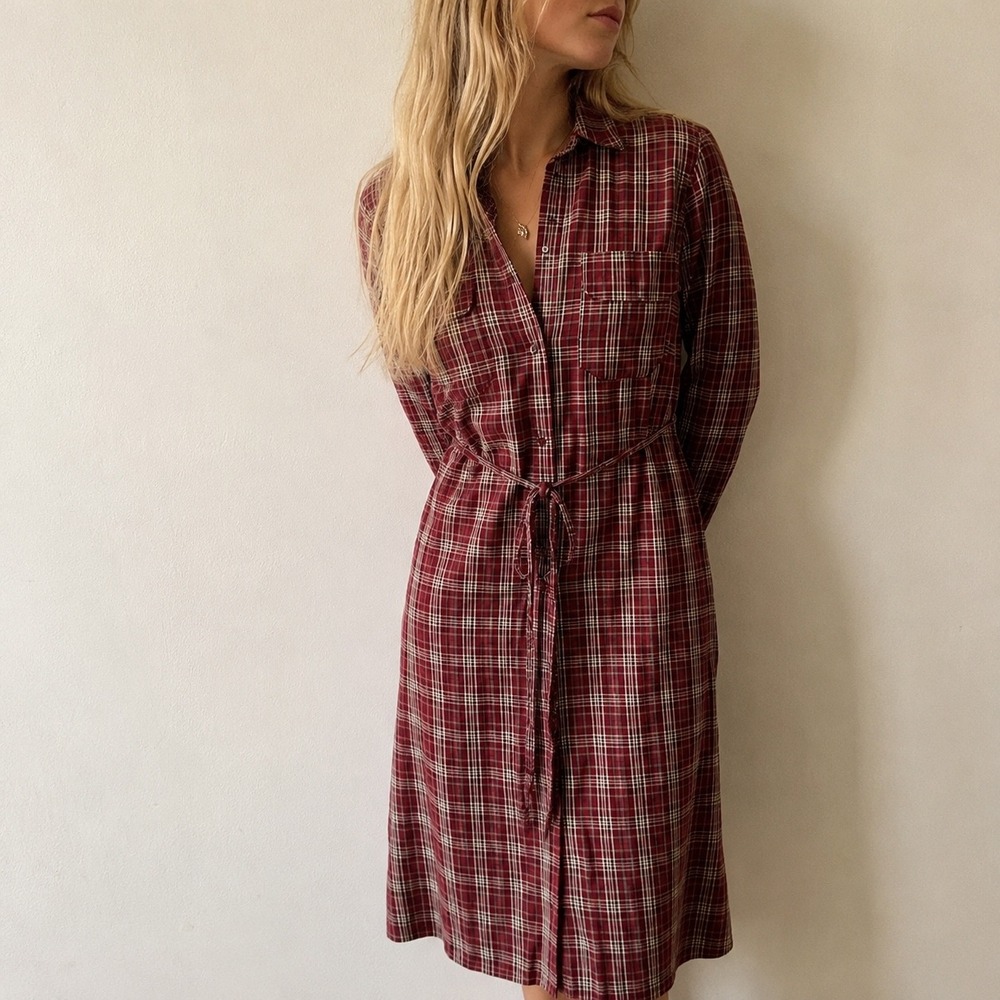 Commense Red Plaid Midi Shirt Dress Tie Waist Size M Dark Academia Cottagecore